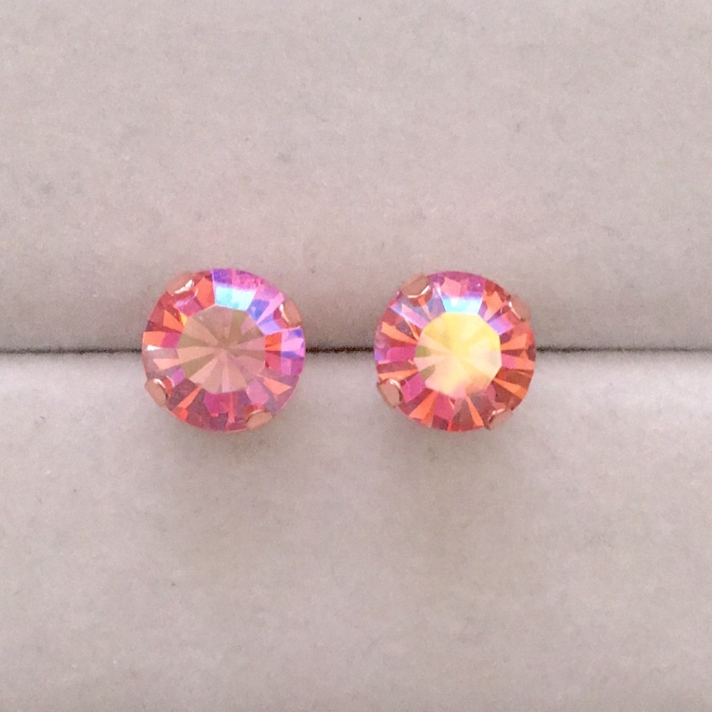 Iridescent Pink Rose Aurora Borealis Shimmer + Rose Gold Crystal Earrings - Picture 6 of 11